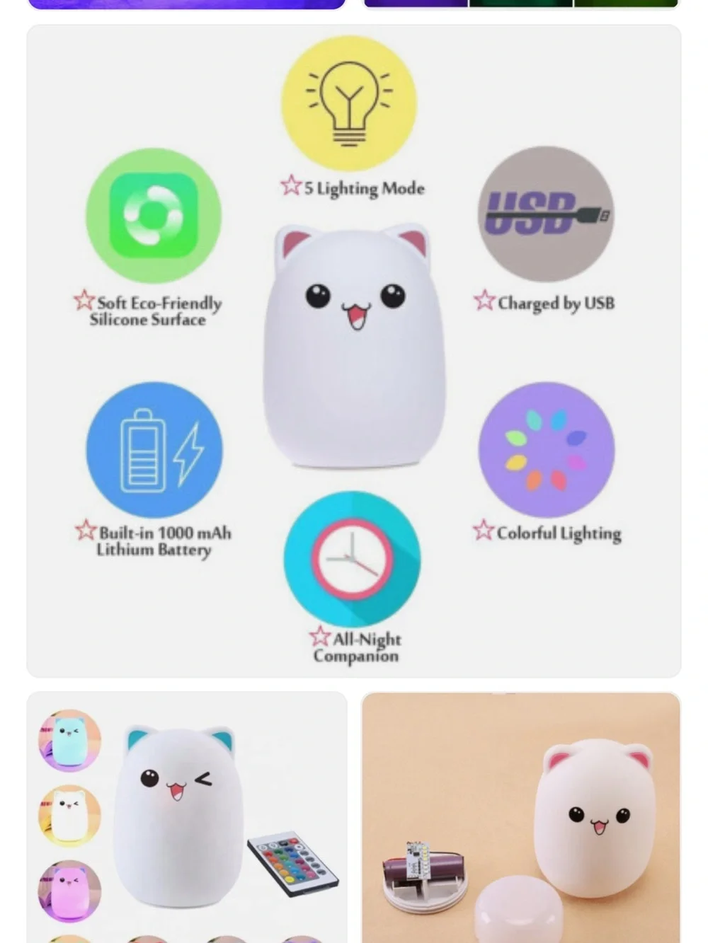 Winking Cat LED Night Light - Multi-Color Cute Silicone Lamp